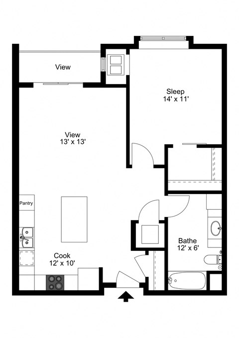 Floor plan for 1 bed, 1 bath, 823 sqft